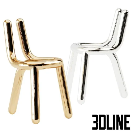 3D model of the Line Chair by Toni Grilo, featuring a continuous loop design made of thick polished metal tubes, shown in both gold and silver/chrome finishes.