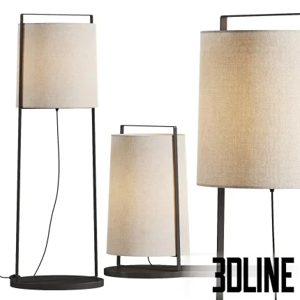 Detailed 3D model set of the Macao by Tooy floor lamp, featuring a minimalist black metal frame that holds a tall, conical linen fabric shade.