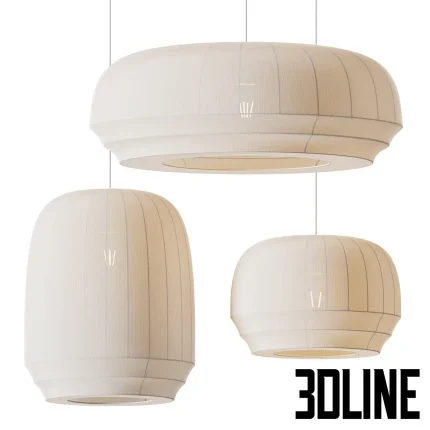 Detailed 3D model set of three Tradition pendant lamps, featuring unique woven or fluted white fabric shades in three different geometric shapes.