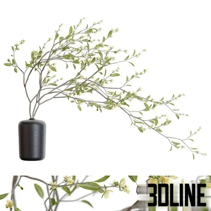 Detailed 3D model of a cascading bouquet/trailing floral arrangement with small white flowers in a modern black cylindrical vase.