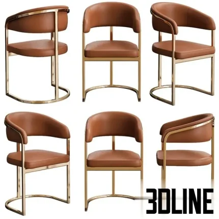 3D model of a luxury Turri-style dining chair, featuring a curved cognac leather backrest and seat supported by a sleek, open gold metal frame structure.