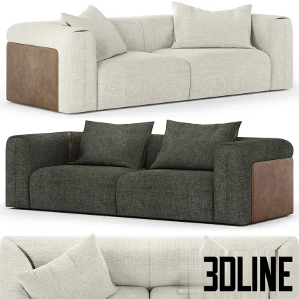 High-quality 3D model of the Turri Soul Sofa, featuring a sophisticated combination of soft fabric upholstery and smooth leather side panels, shown in light beige and dark grey color variations.