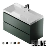 3D model of the Uperwood Classic New 90cm wall-mounted vanity unit in a matte dark green finish, featuring two handle-less drawers and a rectangular white sink.