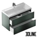 3D model of the Uperwood Classic New 90cm wall-mounted vanity unit in a matte dark green finish, featuring two handle-less drawers and a rectangular white sink.