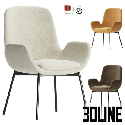 High-resolution 3D model of an upholstered tub dining chair shown in three velvet/suede colors: beige, mustard, and brown, all on thin black metal legs.