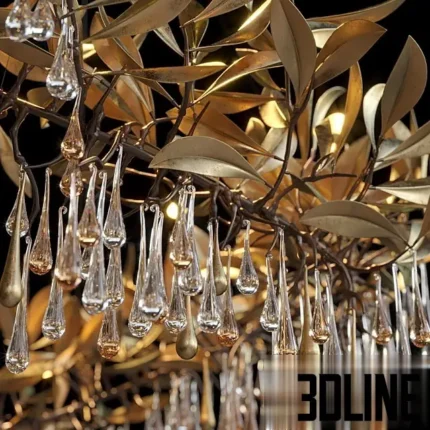 3D model of the Vargov Design Olive chandelier featuring a ring of golden metal olive leaves with hanging crystal drops, illuminated to show warm light reflections.