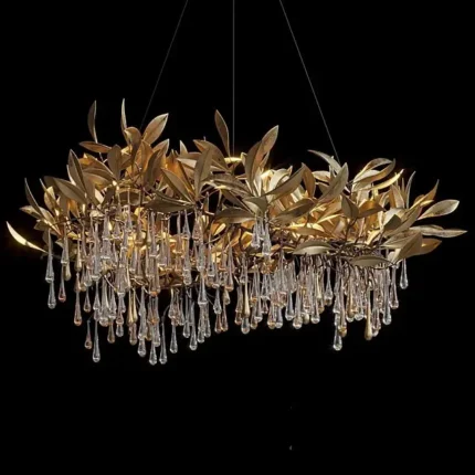 3D model of the Vargov Design Olive chandelier featuring a ring of golden metal olive leaves with hanging crystal drops, illuminated to show warm light reflections.
