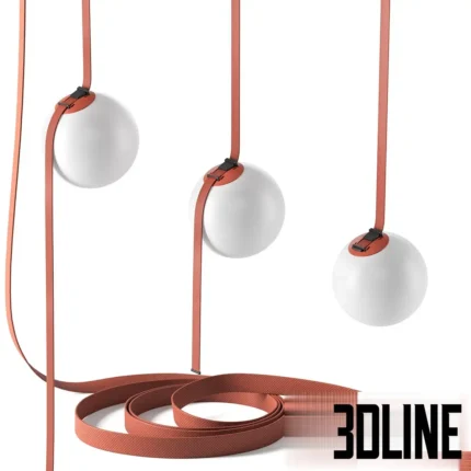 3D model of the Vibia Plusminus pendant system designed by Diez Office, featuring white glass spheres attached to a conductive terracotta textile belt in a gravity-defying arrangement.