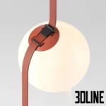 3D model of the Vibia Plusminus pendant system designed by Diez Office, featuring white glass spheres attached to a conductive terracotta textile belt in a gravity-defying arrangement.