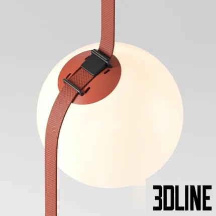 3D model of the Vibia Plusminus pendant system designed by Diez Office, featuring white glass spheres attached to a conductive terracotta textile belt in a gravity-defying arrangement.