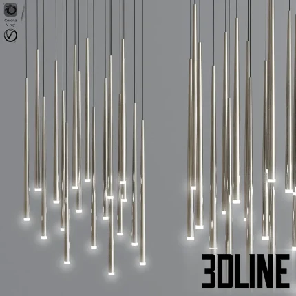 3D model of the Vibia Slim 0925 suspension light, featuring a cluster of long, slender, tapered vertical tubes in a metallic finish with LED tips, creating a dramatic rain-like effect.