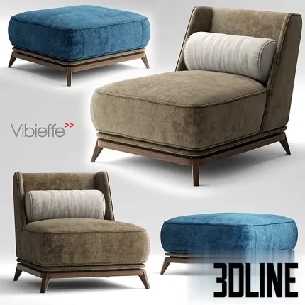 3D model of the Vibieffe Opera armchair and matching ottoman, featuring a high backrest, wooden base, and cylindrical bolster pillow, shown in teal blue and beige velvet finishes.
