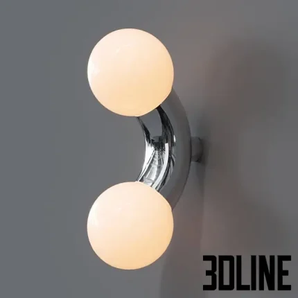 Detailed 3D model set of the Vine wall light, a sculptural sconce featuring a curved chrome base holding two large opal globe bulbs on a vertical backplate.