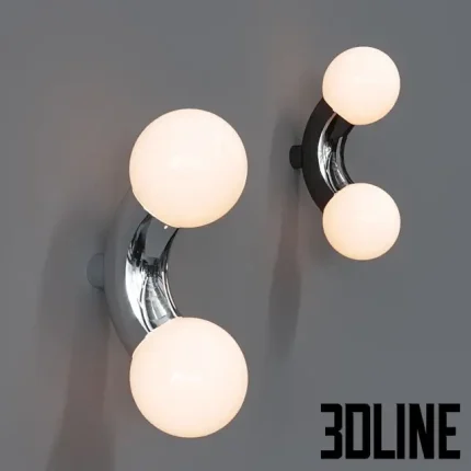 Detailed 3D model set of the Vine wall light, a sculptural sconce featuring a curved chrome base holding two large opal globe bulbs on a vertical backplate.