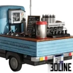 3D model of a blue vintage three-wheeled food truck converted into a mobile coffee station, featuring an espresso machine, large umbrella, paper cups, and "Coffee with a purpose" signage.