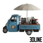 3D model of a blue vintage three-wheeled food truck converted into a mobile coffee station, featuring an espresso machine, large umbrella, paper cups, and "Coffee with a purpose" signage.
