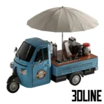 3D model of a blue vintage three-wheeled food truck converted into a mobile coffee station, featuring an espresso machine, large umbrella, paper cups, and "Coffee with a purpose" signage.