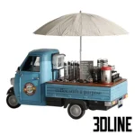 3D model of a blue vintage three-wheeled food truck converted into a mobile coffee station, featuring an espresso machine, large umbrella, paper cups, and "Coffee with a purpose" signage.