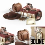 3D model composition of a vintage explorer set featuring worn brown leather boots, a leather camera bag, a brown felt hat, an antique compass, a notebook, and a map.