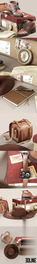 3D model composition of a vintage explorer set featuring worn brown leather boots, a leather camera bag, a brown felt hat, an antique compass, a notebook, and a map.