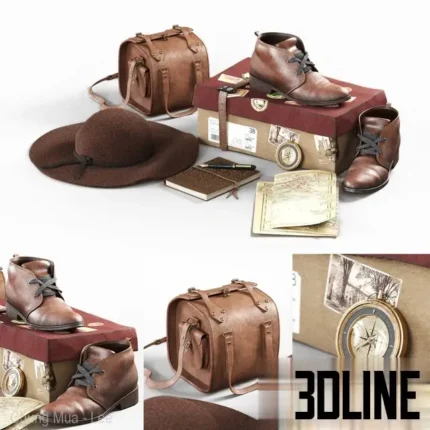 3D model composition of a vintage explorer set featuring worn brown leather boots, a leather camera bag, a brown felt hat, an antique compass, a notebook, and a map.