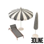 3D model set of a vintage-style garden umbrella with black and white scalloped stripes, paired with a classic wooden sunbed lounger with wheels and mesh seating.