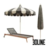 3D model set of a vintage-style garden umbrella with black and white scalloped stripes, paired with a classic wooden sunbed lounger with wheels and mesh seating.