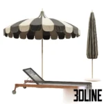 3D model set of a vintage-style garden umbrella with black and white scalloped stripes, paired with a classic wooden sunbed lounger with wheels and mesh seating.