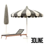 3D model set of a vintage-style garden umbrella with black and white scalloped stripes, paired with a classic wooden sunbed lounger with wheels and mesh seating.