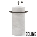 3D model of the Viola freestanding washbasin, featuring a cylindrical body made of white marble with grey veins, accented by a dark metal towel ring and wall-mounted faucet.