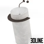 3D model of the Viola freestanding washbasin, featuring a cylindrical body made of white marble with grey veins, accented by a dark metal towel ring and wall-mounted faucet.