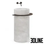3D model of the Viola freestanding washbasin, featuring a cylindrical body made of white marble with grey veins, accented by a dark metal towel ring and wall-mounted faucet.