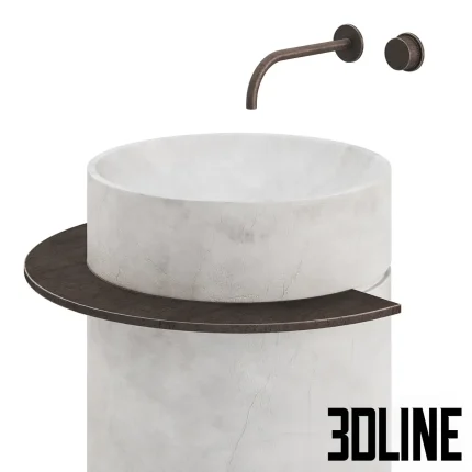 3D model of the Viola freestanding washbasin, featuring a cylindrical body made of white marble with grey veins, accented by a dark metal towel ring and wall-mounted faucet.