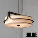 Detailed 3D model of the VIRTA chandelier, a large drum pendant lamp featuring a beige linen fabric shade with an asymmetrical dark metal frame overlay, suspended by a rod.