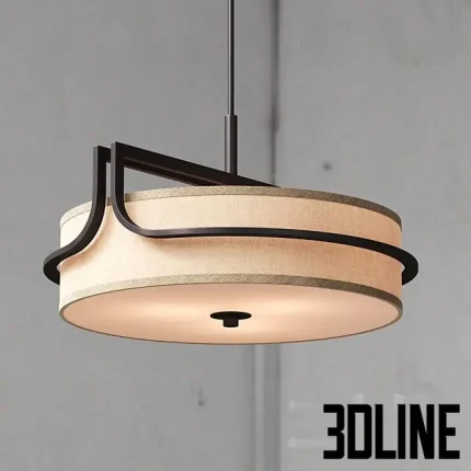 Detailed 3D model of the VIRTA chandelier, a large drum pendant lamp featuring a beige linen fabric shade with an asymmetrical dark metal frame overlay, suspended by a rod.