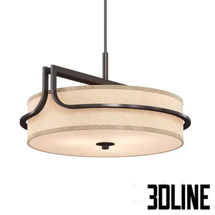 Detailed 3D model of the VIRTA chandelier, a large drum pendant lamp featuring a beige linen fabric shade with an asymmetrical dark metal frame overlay, suspended by a rod.