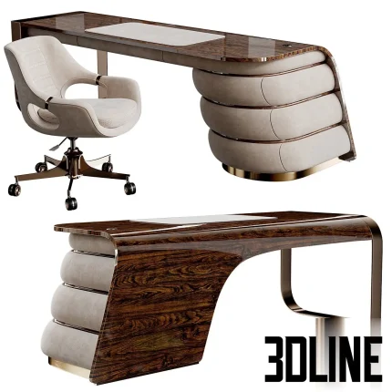 3D model set of the Visionnaire Arrakis desk featuring curved glossy wood and ribbed leather sides, paired with the Stilgar swivel armchair in white upholstery.