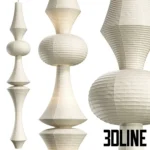 3D model of the Vitra Akari Light Sculpture (Model E) designed by Isamu Noguchi, featuring a tall totem shape made of washi paper with bamboo ribbing.