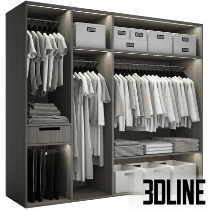 Highly detailed 3D model of a walk-in wardrobe interior, featuring dark gray wood shelving, integrated clothing, shoes, folded textiles, and storage boxes with accent lighting.