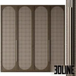 3D model of a 4-door wardrobe featuring a dark stained wood frame with oval panels of natural rattan cane webbing and long sleek metal handles.