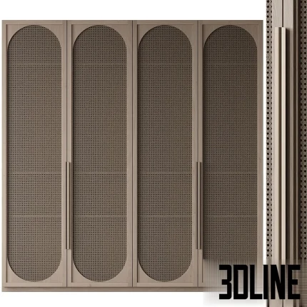 3D model of a 4-door wardrobe featuring a dark stained wood frame with oval panels of natural rattan cane webbing and long sleek metal handles.