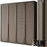 3D model of a 4-door wardrobe featuring a dark stained wood frame with oval panels of natural rattan cane webbing and long sleek metal handles.