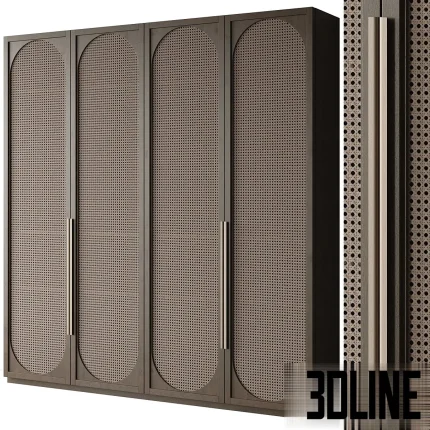 3D model of a 4-door wardrobe featuring a dark stained wood frame with oval panels of natural rattan cane webbing and long sleek metal handles.