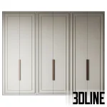 3D model of Wardrobe 11, a large six-door bedroom closet featuring a soft beige finish, elegant panel molding details, and long vertical copper handles.