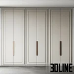 3D model of Wardrobe 11, a large six-door bedroom closet featuring a soft beige finish, elegant panel molding details, and long vertical copper handles.