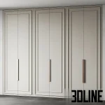 3D model of Wardrobe 11, a large six-door bedroom closet featuring a soft beige finish, elegant panel molding details, and long vertical copper handles.