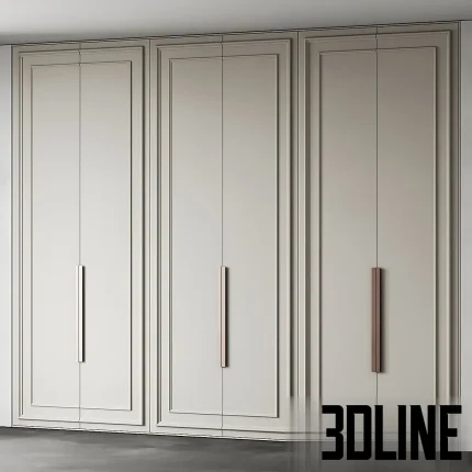 3D model of Wardrobe 11, a large six-door bedroom closet featuring a soft beige finish, elegant panel molding details, and long vertical copper handles.