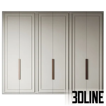 3D model of Wardrobe 11, a large six-door bedroom closet featuring a soft beige finish, elegant panel molding details, and long vertical copper handles.