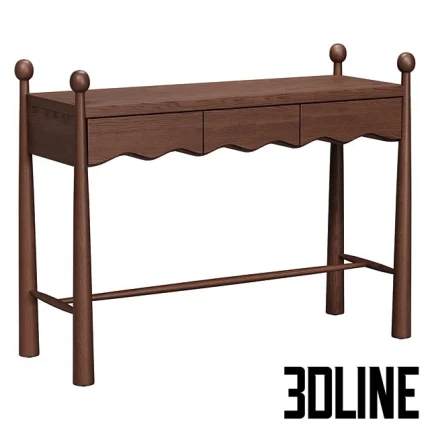 High-resolution 3D model of a dark wood console table with three drawers, a scalloped lower edge, and decorative round finial posts.
