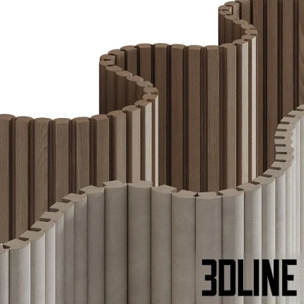 High-resolution 3D model of a modular wood slat partition screen featuring a dramatic, undulating wave pattern and dark wood grain.